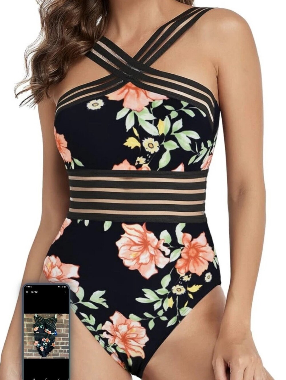Hilor Womens Floral Strappy Black One-Piece Swimsuit Size Small4/6